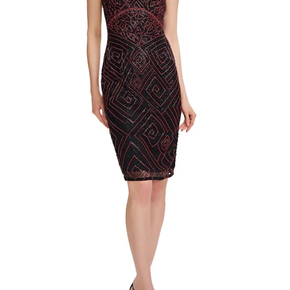 THEIA Elegant Black and Red Geometric Dress
